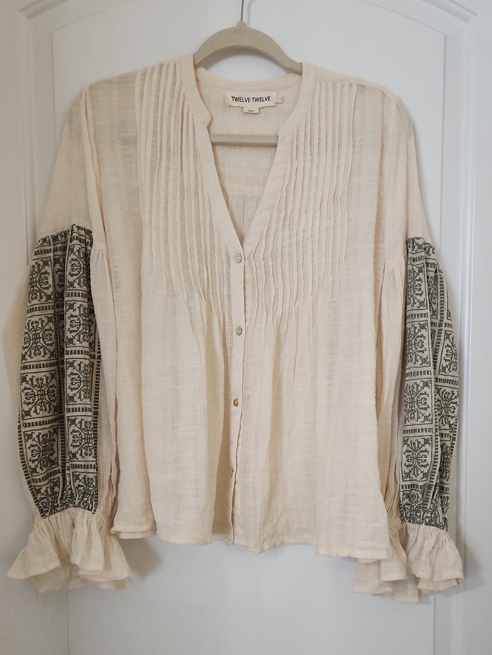 Twelve by Twelve Cream Gauze Blouse with Green Embroidered Sleeves